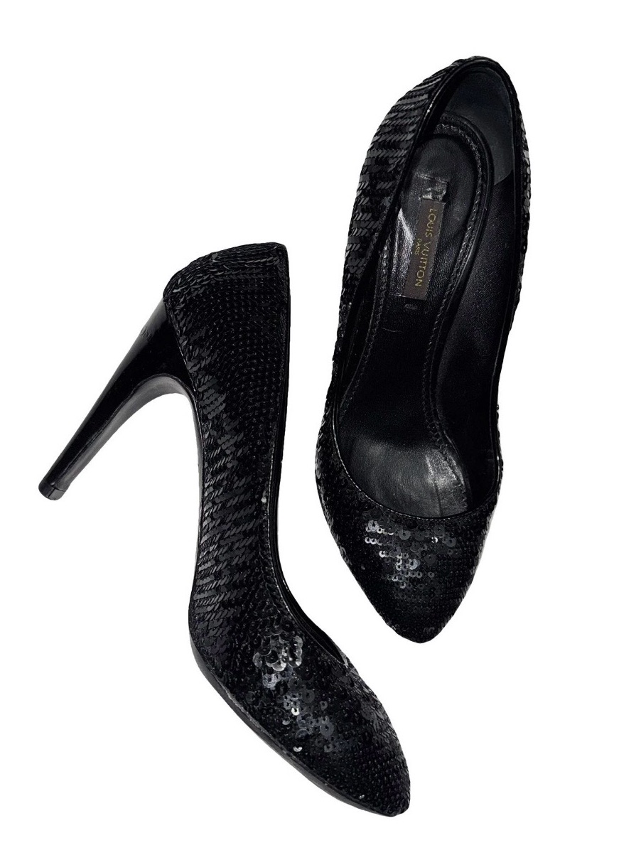 Louis Vuitton Authentic Black Sequin Heels Sz 37.5
